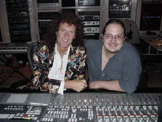 Behind SSL's fab MT Digital console, Brian May (of Queen) and Claudio Cueni (one of Skip's HitMixer.com engineers)
