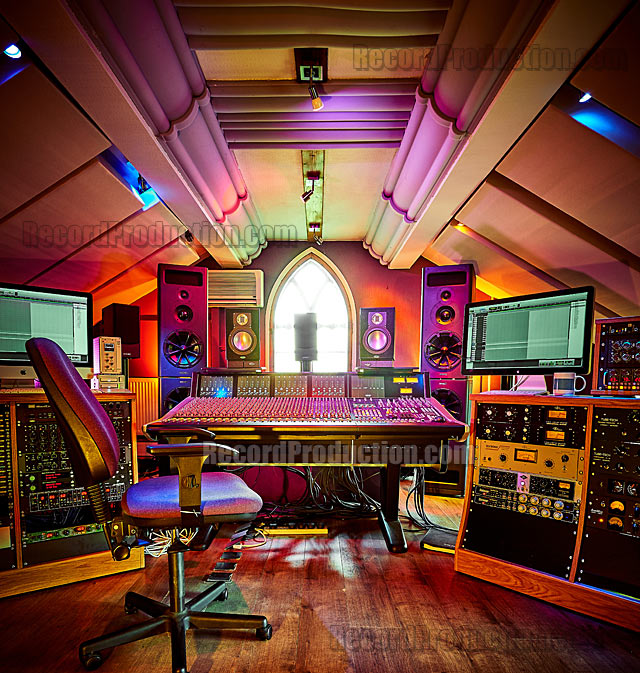 The control room showing SSL Duality mixing desk at Woodworm Studios