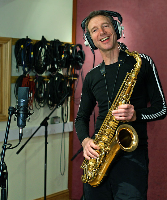 snake davis with the sax during a recording session